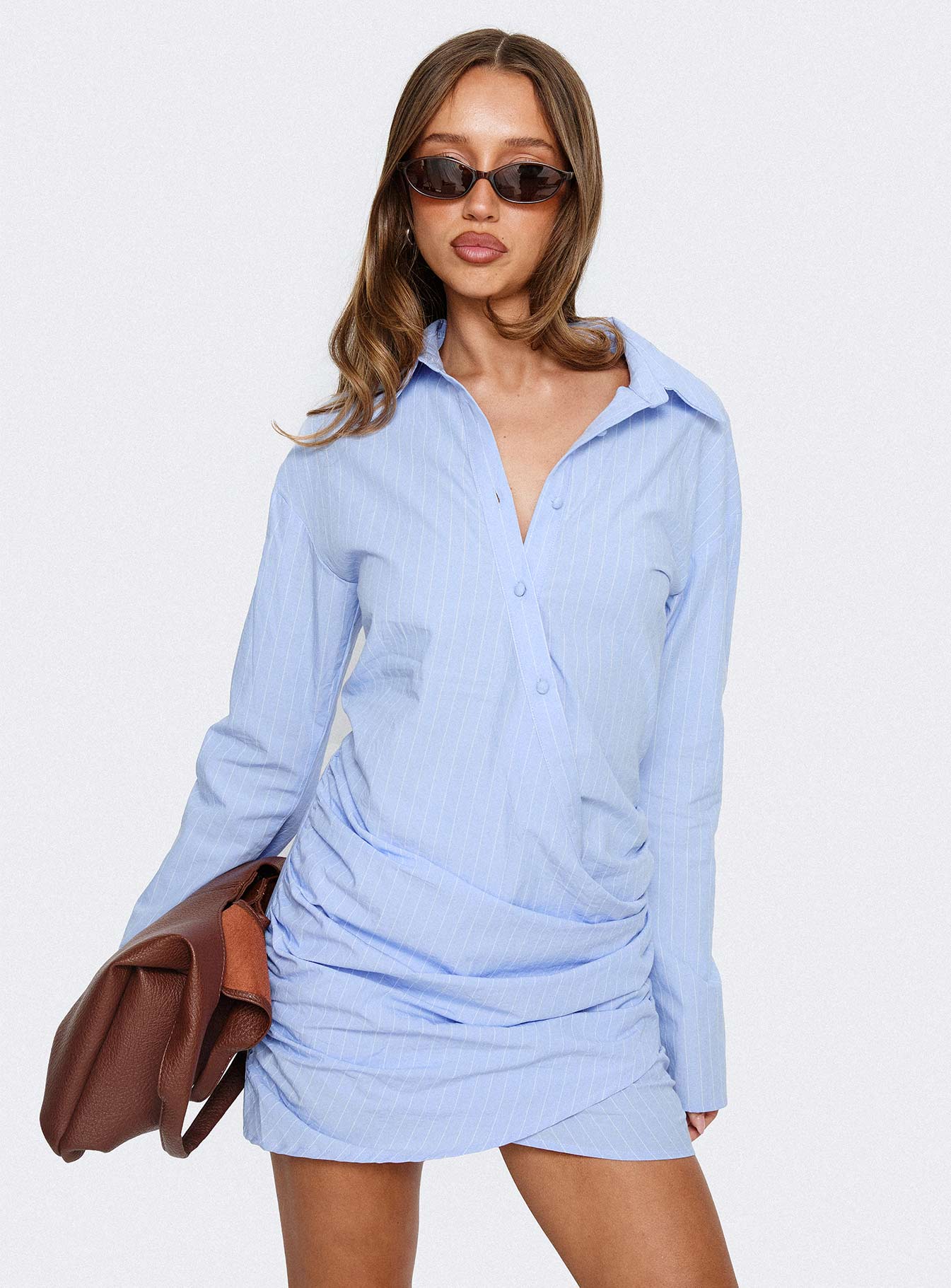 Well Versed Long Sleeve Ruched Shirt Mini Dress Blue