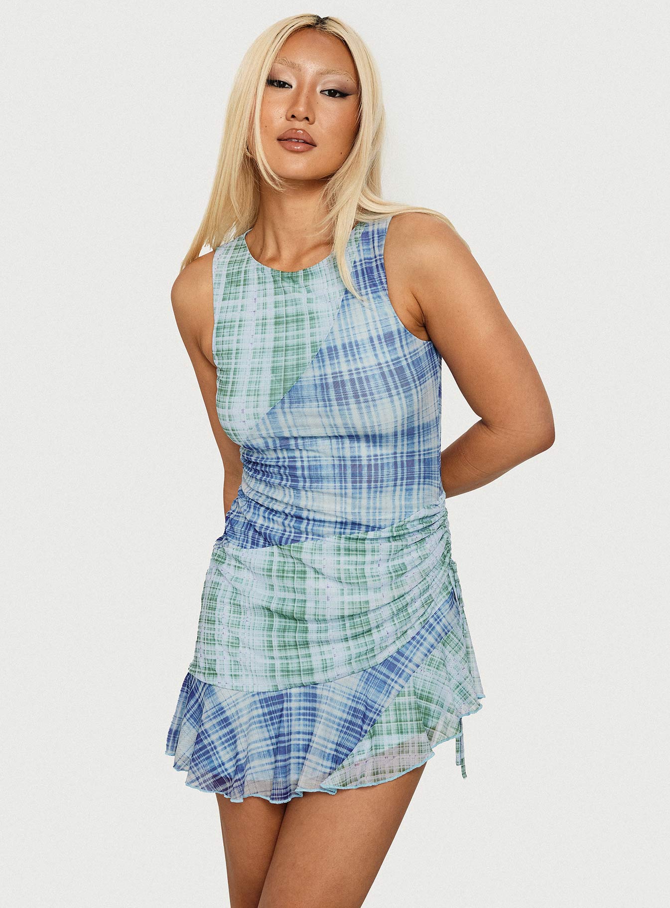 Timelapse Asymmetrical Splice Mini Dress Blue / Green Plaid