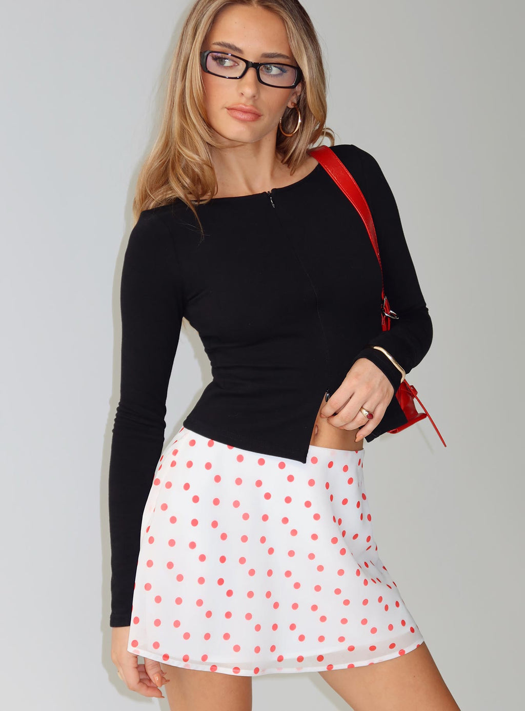 Dapple Bias Mini Skirt White / Red Polka