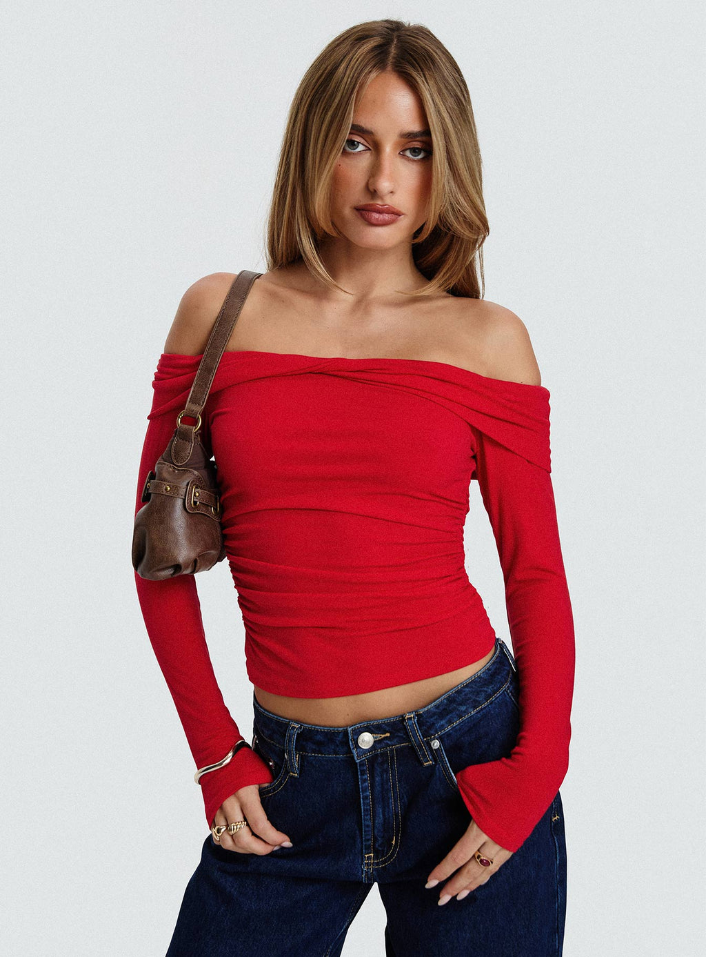 Sonnett Off Shoulder Twist Long Sleeve Top Red