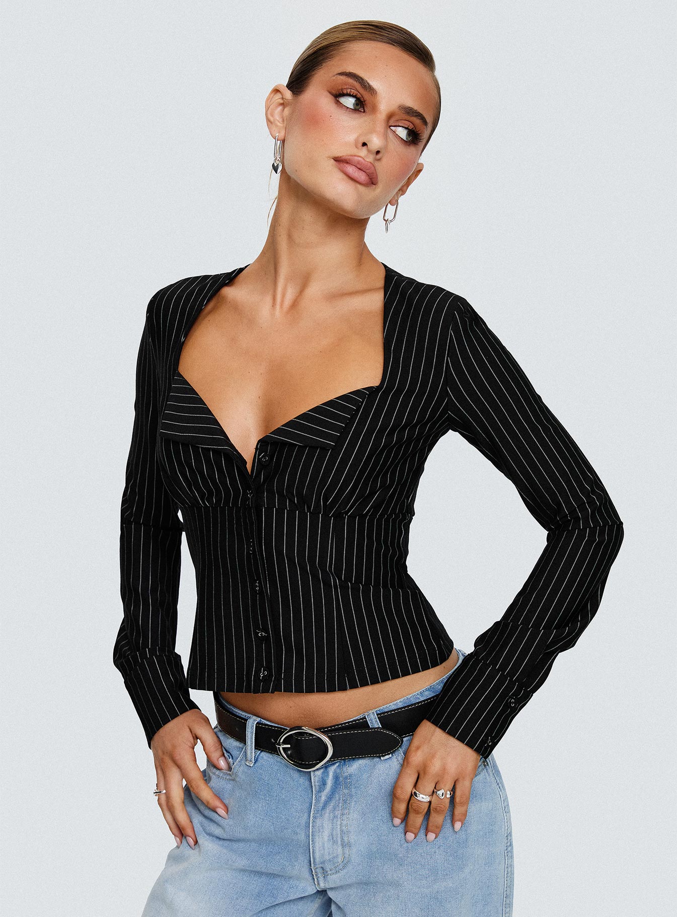 Set For Life Foldover Detail Long Sleeve Top Black / White Pinstripe