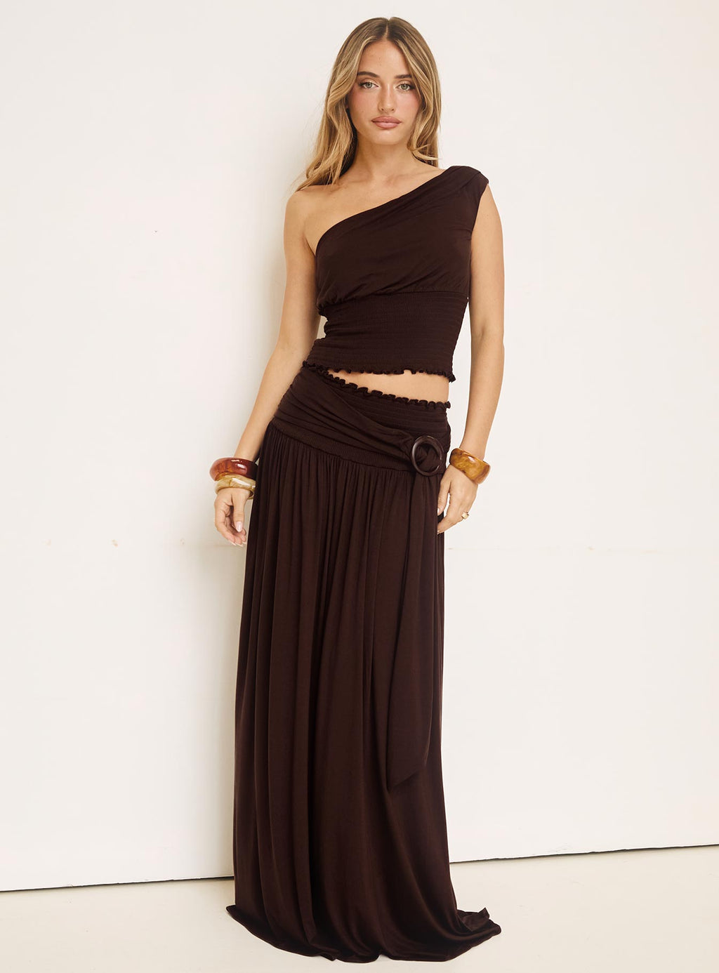 Full Orbit Shirred Maxi Skirt Chocolate Brown