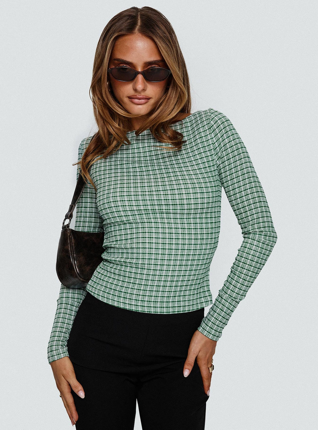 Every Second Boat Neck Long Sleeve Top Green Check