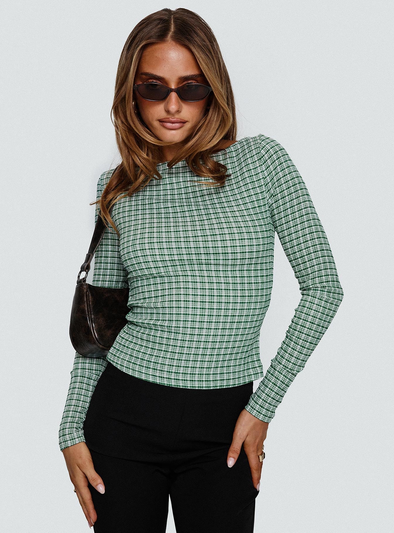 Every Second Boat Neck Long Sleeve Top Green Check