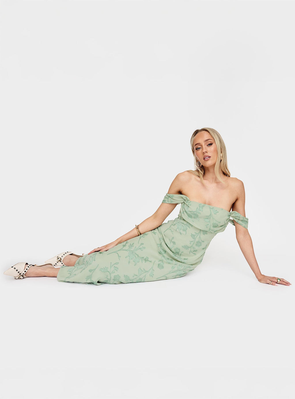 Azura Off The Shoulder Maxi Dress Green Burnout
