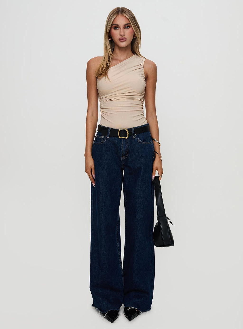 Heston Asymmetrical Ruched Bodysuit Beige