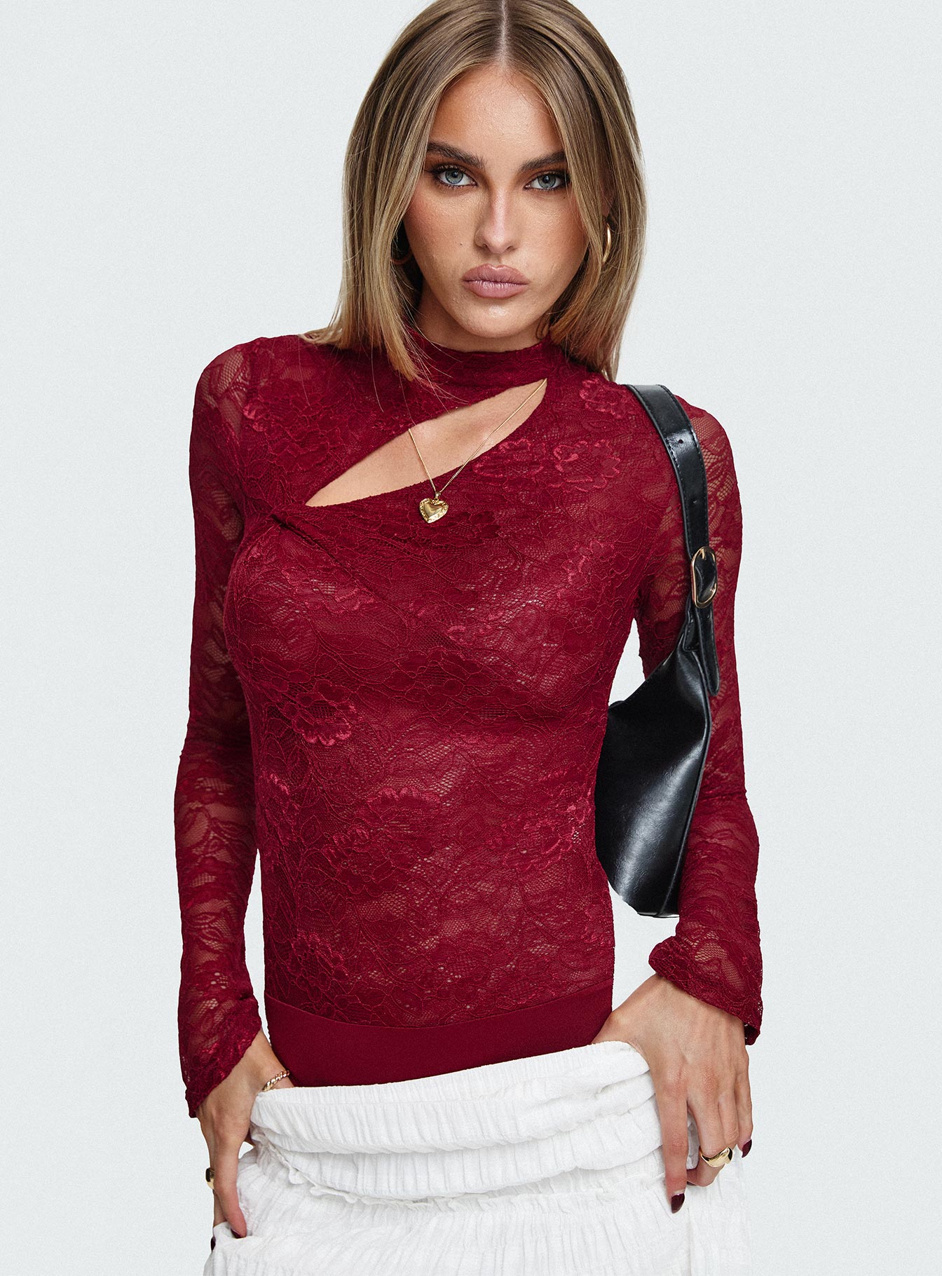 Twisted Humour Long Sleeve Lace Bodysuit Burgundy