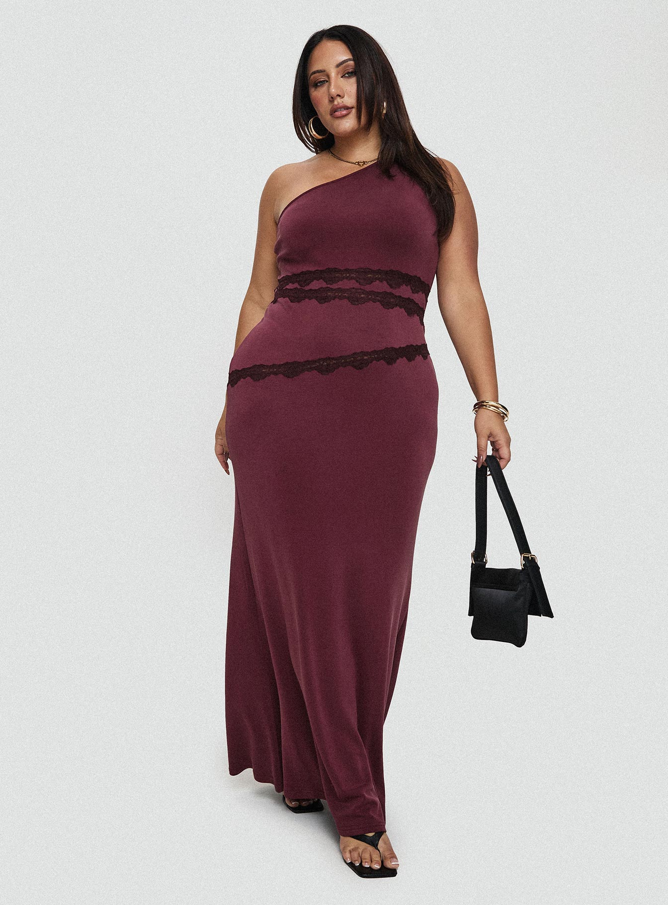 Ultraviolet One Shoulder Lace Maxi Dress Wine Curve