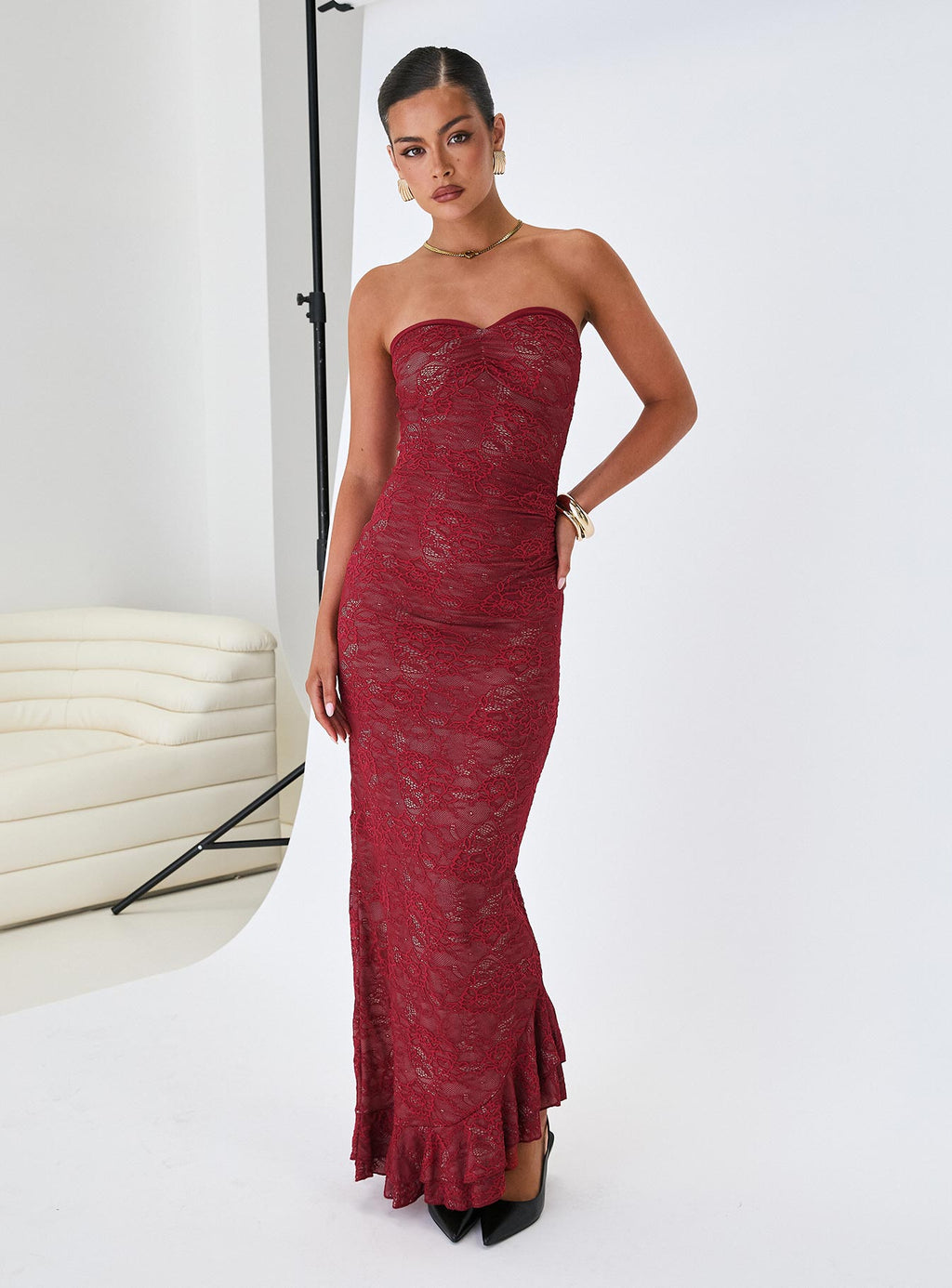 Hailees Lace Strapless Maxi Dress Red