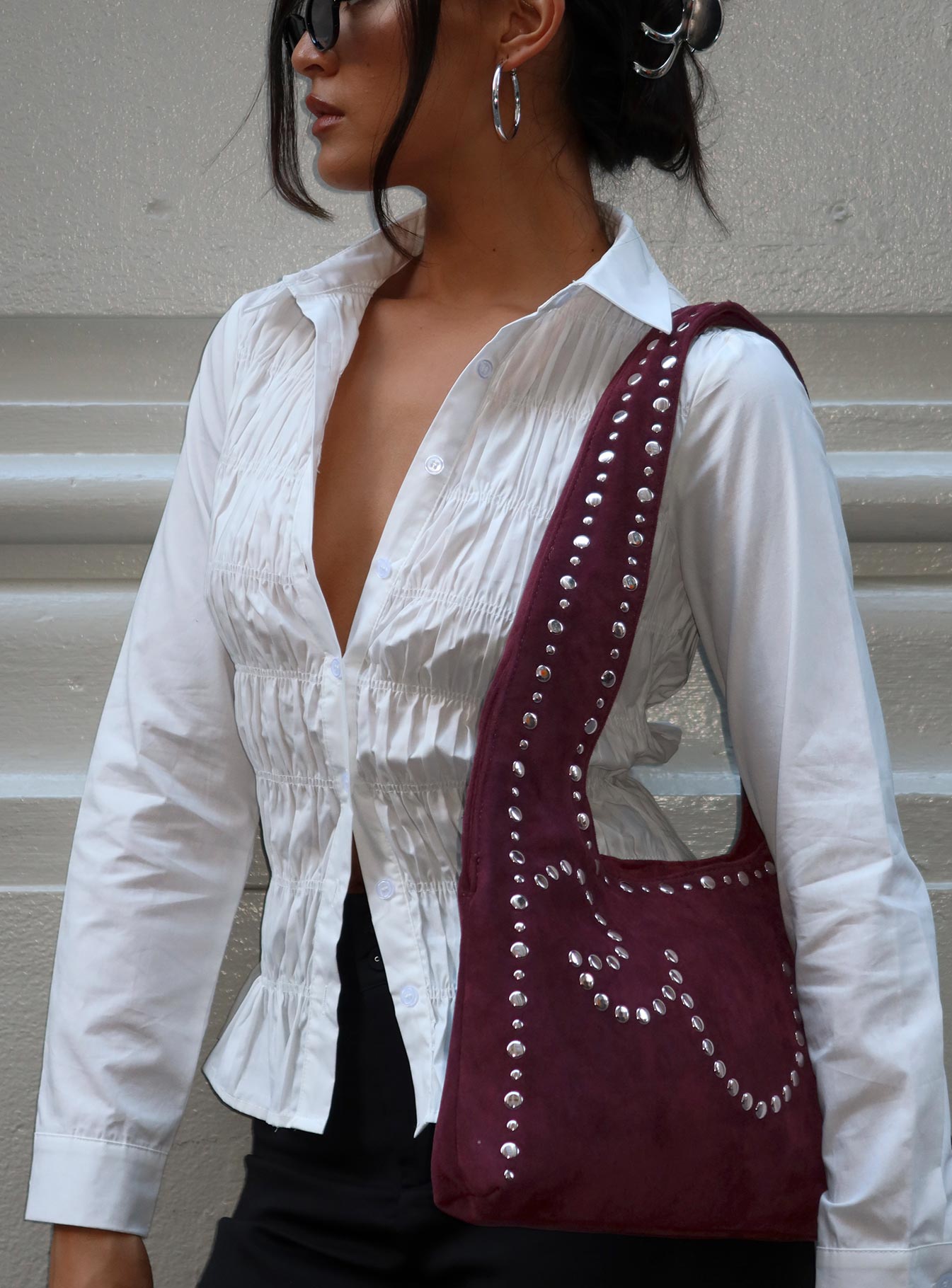 Lemoni Faux Suede Stud Bag Burgundy