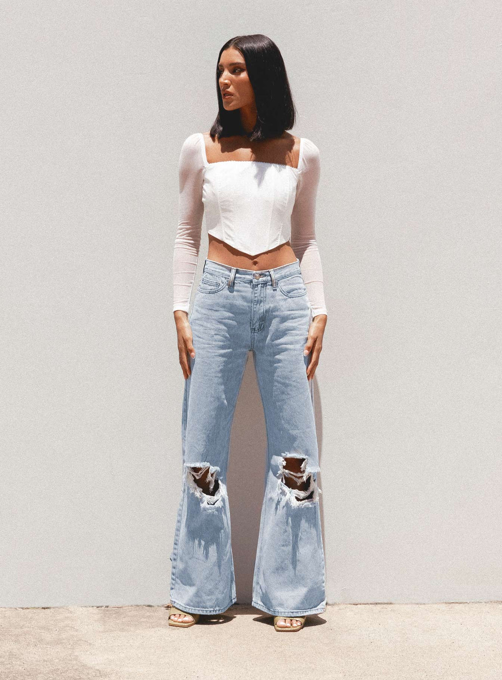 Maple Flare Jeans Knee Rips Light Wash Denim