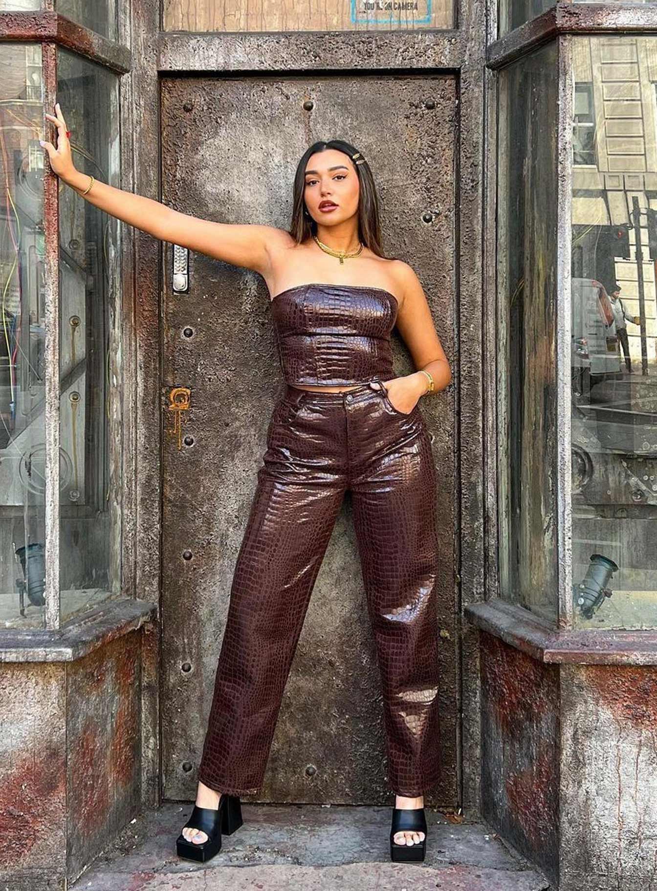 Motel Parallel Trouser Croc PU Dark Brown